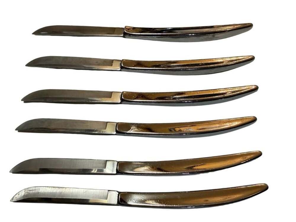 Carvel Hall Mid Century Modern Stainless Chrome Handle Steak Knives Set of 6
